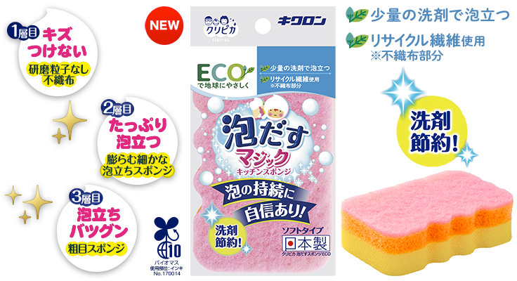 クリピカ 泡だすスポンジ ECOのパッケージと製品構造の図